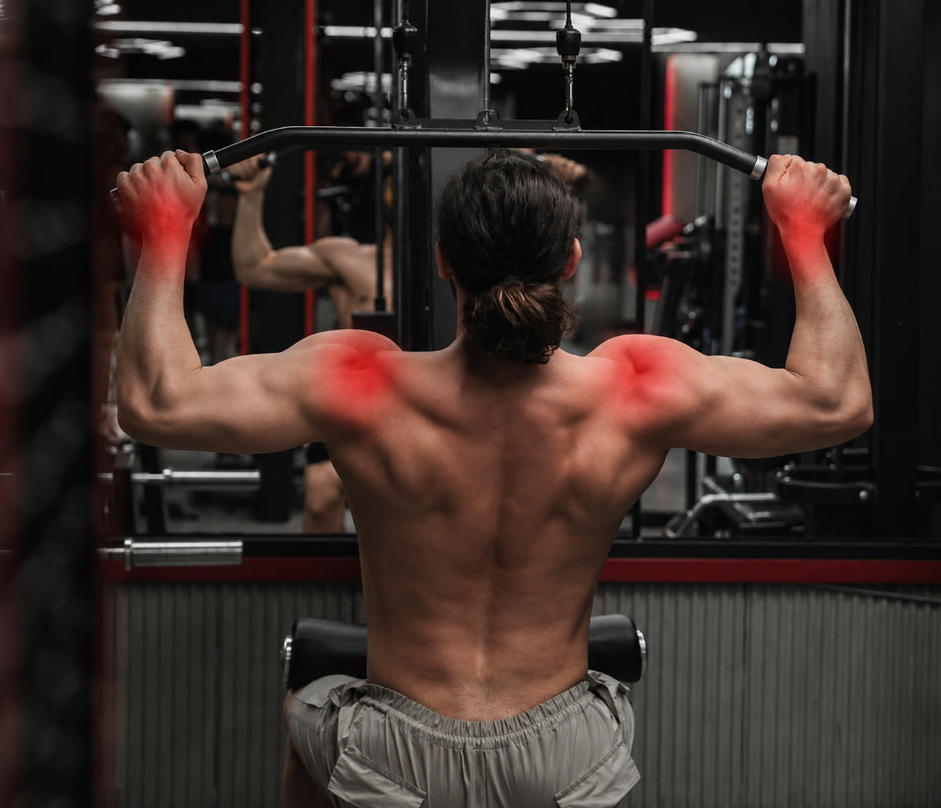 A lifter doing a neutral-grip lat pulldown in a home garage gym